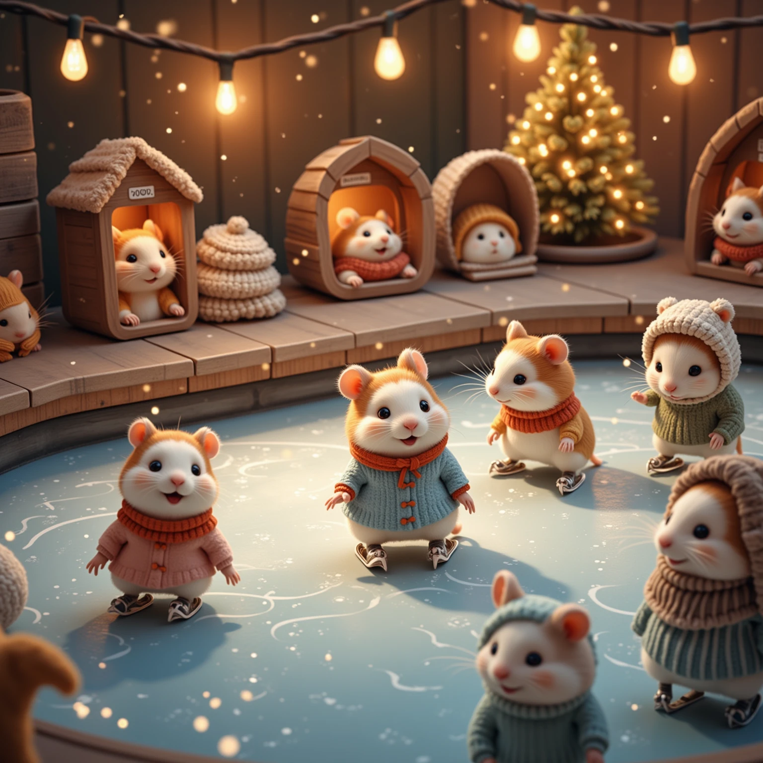 Craft a delightful outdoor winter scene featuring cute hamsters dressed in bright knitted hats and scarves, cheerfully building a snowman. These lively hamsters are portrayed in mid-action, with one rolling a large snowball while others gather sticks and stones for the snowman's features. The background reveals a picturesque forest blanketed in a pristine layer of snow, providing a serene and majestic backdrop to the lively scene. Snowflakes delicately drift down, enhancing the playfulness and beauty of the moment. The natural lighting casts a soft glow, highlighting the vibrant colors of the hamsters' winter attire against the white landscape. The snowman, adorned with a whimsical carrot nose and playful sticks for arms, stands proudly amidst the bustling activity. Above, incorporate the phrase "Hamster Anime" to appear as if made of snow, seamlessly blending with the evocative winter aesthetics of the scene, and add a playful charm to this adorable winter tableau.