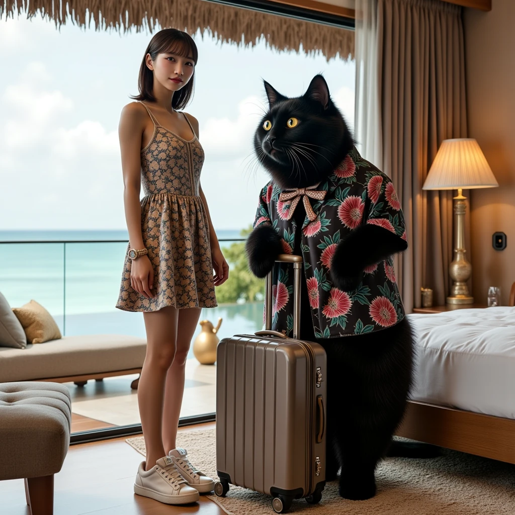 ultra-realistic, photorealistic, dramatic scene, shadow, global-illumination, solo, 1 girl\( 20 years old Japanese beautiful girl, beautiful with cute face, wearing a cute patterned one-piece dress with long skirt, pastel camisole, shoulder-length brown hair, accessories, simple sneaker, elegant hat\), 1 human-like giant black cat\( human-like giant black cat, bow tie, wearing a conservative aloha-shirt, slight taller than the girl, with her, wearing an dark colored aloha-shirt, holding a large suits case, little chubby\), the girl and human-like giant black cat are standing at reception of the luxury resort hotel in Maldives, gorgeous stylish furnishings, famous 5-star hotel,