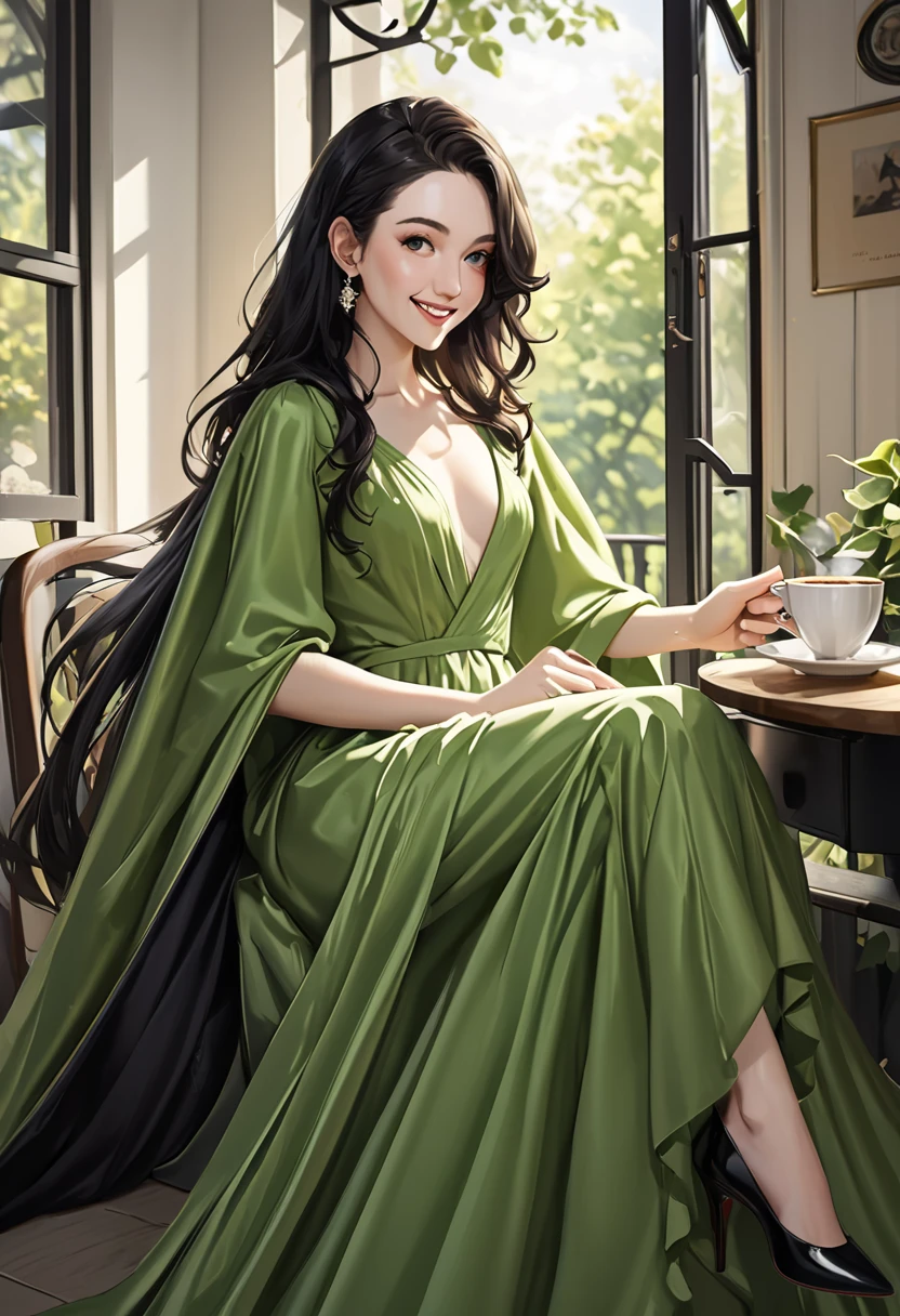 (realistic:1.4). Enjoying a cup of morning coffee. Beautiful 24 yo woman of Irish descent. athletic figure,(pale:1.4)complexion. raven black hair, green eyes, cute butt, nice legs. Kind eyes,(joy:1.3),(smile:1.2). Long flowing dress, high heels.