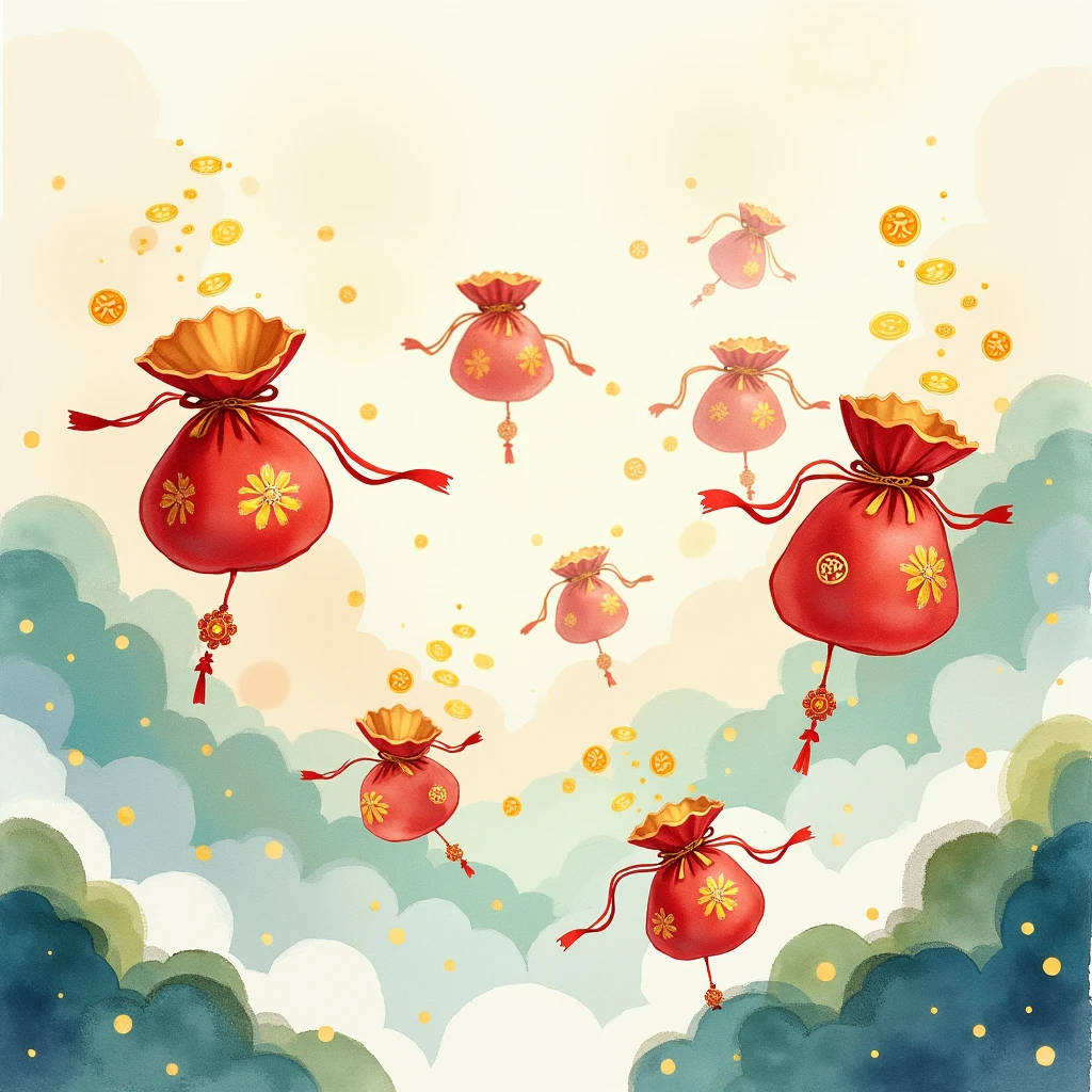 A fantastical illustration that evokes the New Year. Hand-drawn watercolor. Flying lucky bags: A scene of colorful lucky bags flying through the sky, with golden coins and symbols of good luck spilling out of the bags.