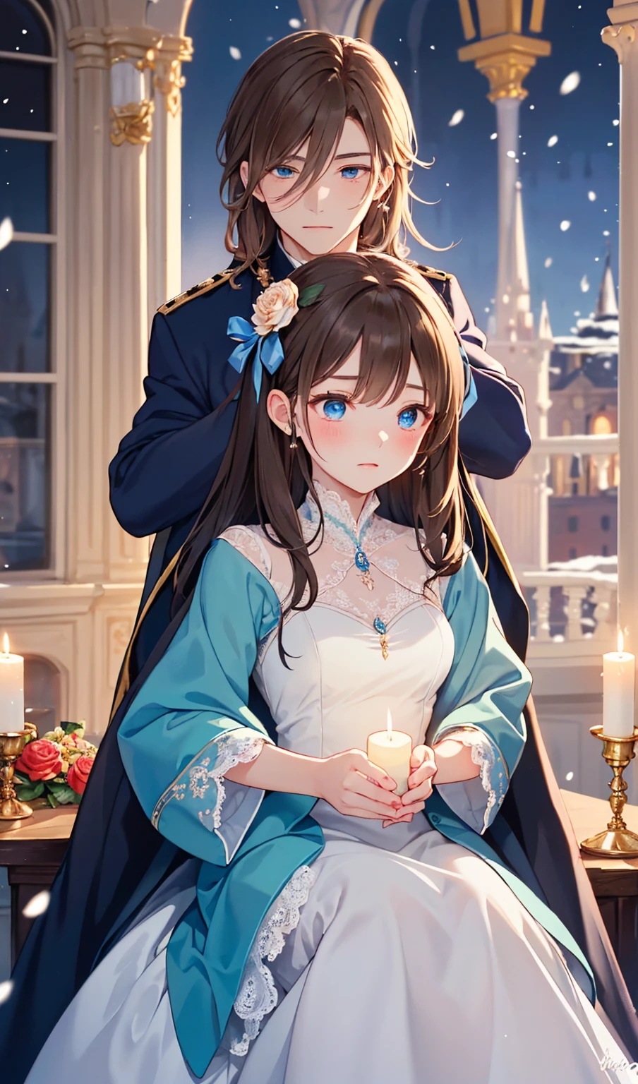 A romantic anime-style scene of Beauty and the Beast in the enchanted castle. The Beast is portrayed as a tall, muscular figure with animalistic features but a gentle, sorrowful expression. He wears a tattered royal coat, and his glowing blue eyes reveal his humanity. Belle, a beautiful young woman with flowing brown hair tied with a blue ribbon, wears a modern yet elegant dress with lace and soft fabrics. She holds a glowing enchanted rose in her hands, its petals floating upward as if defying gravity. The castle is both magnificent and eerie, with flickering candles and animated furniture. Snow falls softly outside the grand windows, and the mood is intimate and heartwarming, hinting at their growing connection.