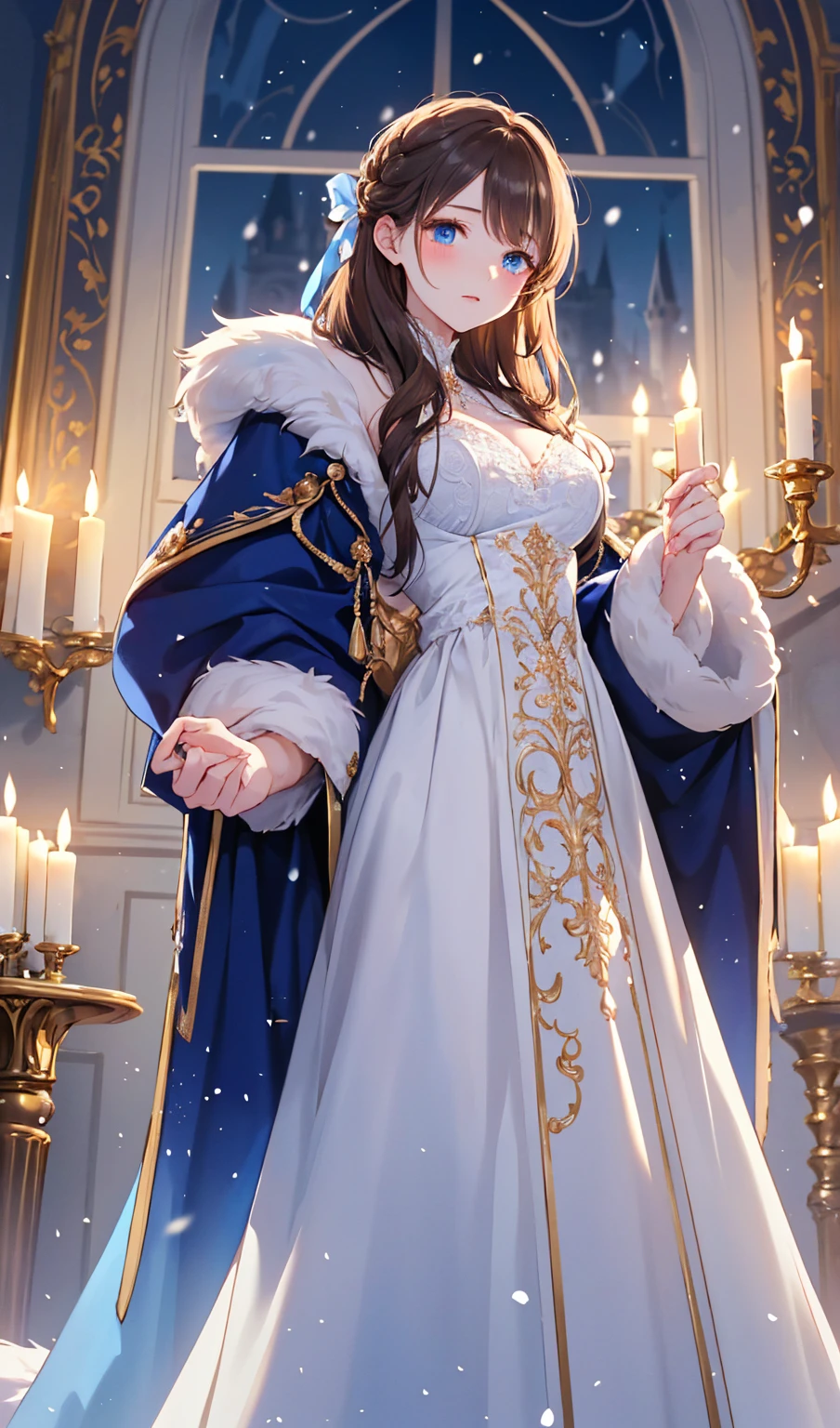 A romantic anime-style scene of Beauty and the Beast in the enchanted castle. The Beast is portrayed as a tall, muscular figure with animalistic features but a gentle, sorrowful expression. He wears a tattered royal coat, and his glowing blue eyes reveal his humanity. Belle, a beautiful young woman with flowing brown hair tied with a blue ribbon, wears a modern yet elegant dress with lace and soft fabrics. She holds a glowing enchanted rose in her hands, its petals floating upward as if defying gravity. The castle is both magnificent and eerie, with flickering candles and animated furniture. Snow falls softly outside the grand windows, and the mood is intimate and heartwarming, hinting at their growing connection.