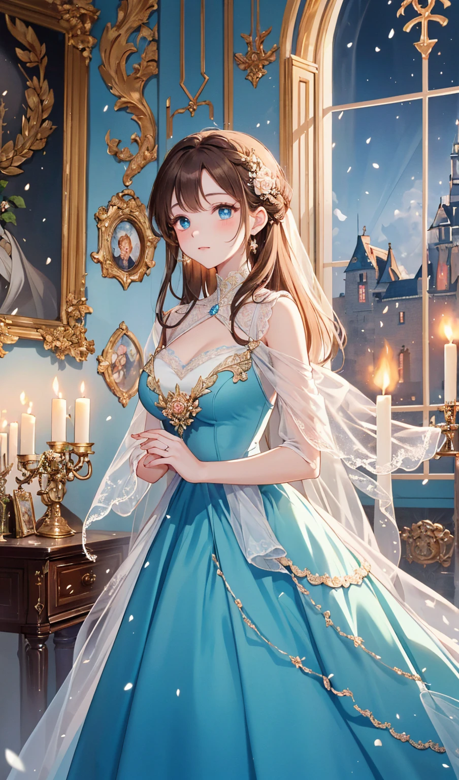 A romantic anime-style scene of Beauty and the Beast in the enchanted castle. The Beast is portrayed as a tall, muscular figure with animalistic features but a gentle, sorrowful expression. He wears a tattered royal coat, and his glowing blue eyes reveal his humanity. Belle, a beautiful young woman with flowing brown hair tied with a blue ribbon, wears a modern yet elegant dress with lace and soft fabrics. She holds a glowing enchanted rose in her hands, its petals floating upward as if defying gravity. The castle is both magnificent and eerie, with flickering candles and animated furniture. Snow falls softly outside the grand windows, and the mood is intimate and heartwarming, hinting at their growing connection.