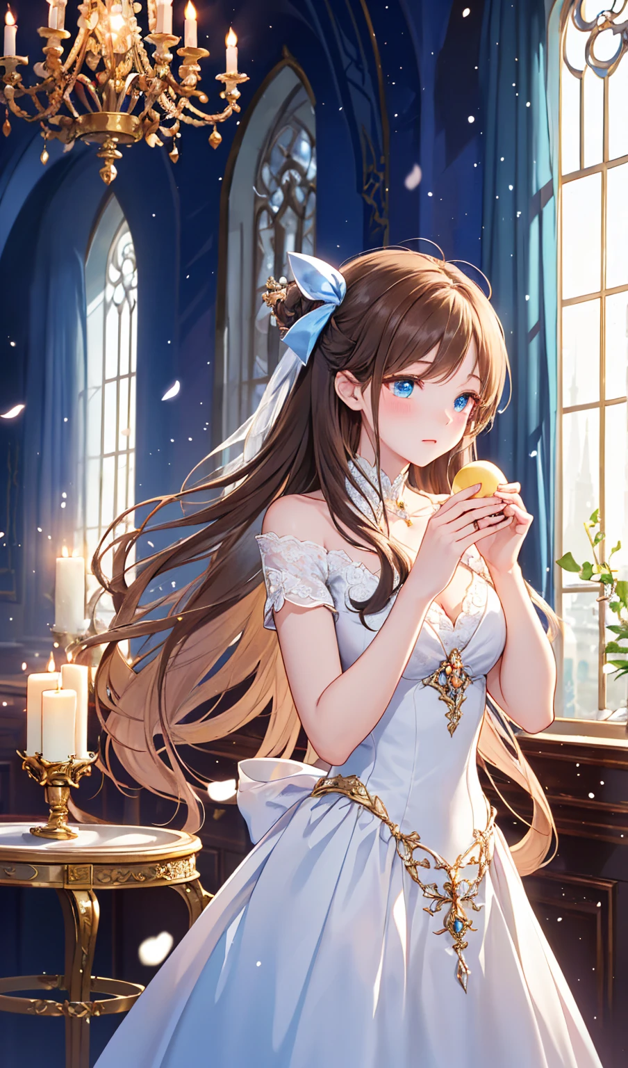 A romantic anime-style scene of Beauty and the Beast in the enchanted castle. The Beast is portrayed as a tall, muscular figure with animalistic features but a gentle, sorrowful expression. He wears a tattered royal coat, and his glowing blue eyes reveal his humanity. Belle, a beautiful young woman with flowing brown hair tied with a blue ribbon, wears a modern yet elegant dress with lace and soft fabrics. She holds a glowing enchanted rose in her hands, its petals floating upward as if defying gravity. The castle is both magnificent and eerie, with flickering candles and animated furniture. Snow falls softly outside the grand windows, and the mood is intimate and heartwarming, hinting at their growing connection.