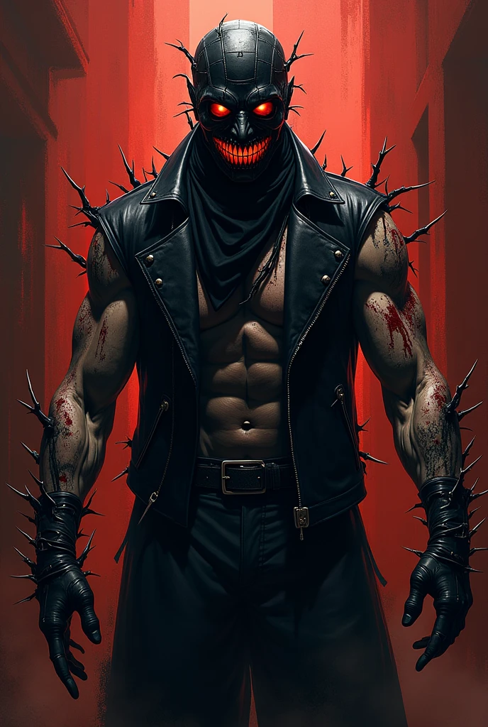 The image depicts a character standing up with menacing attributes, characterized by a red color scheme, a sinister smile with sharp teeth, glowing red eyes, and a dark, smoky or shadowy appearance. Chains are included in the design, enhancing the menacing aesthetic.