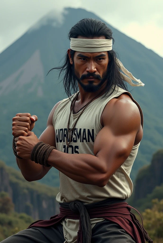 Latin American muscular swordsman warrior of 114kg muscle mass weight black hair shirtless