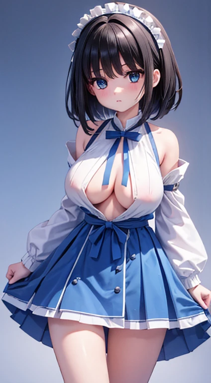 Main piece、high quality、High resolution、1 girl,single, Ruka Sarashina、jewelry、skirt、Maid uniform that exposes the breasts、Japan maid café、Woman with black hair、short hair、black hair、black pantyhose, Blue eyes, long sleeve, blue hair band, bangs, big full breast, cleavage, Medium waist, medium hips, wide thighs, Cowboy photos, smile, fascinating, embarrassing, blush、lots of people, looking at the viewer,From above、high angle,very big breasts、cleavage、Well good、no panties、no panties、Very short skirt、nipple、Serve nipple、Milk spurts out of nipple、Milk drips from nipple、whole body、Nipples、Exposing the breasts、show pussy、Spread your legs、Open your mouth
