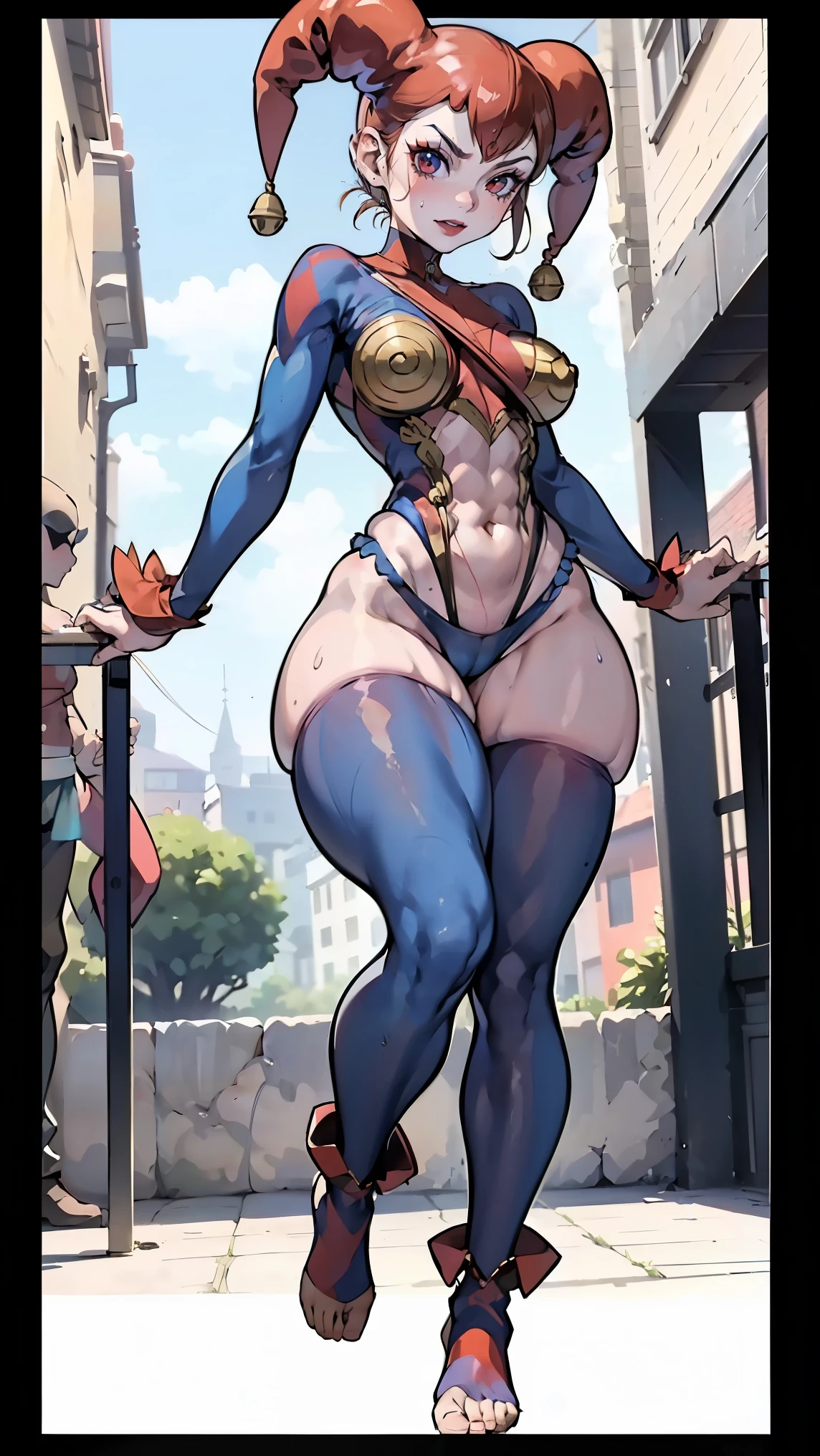 harle_\(chrono_cross\), facepaint, red_leotard, blue see-through harem_pants, jester_cap, pawg, thick thighs, thigh gap, plump thighs, ((bare thighs)), shinny thighs, muscular thighs, beautiful thighs, sweaty thighs, sweatdrop thighs, oiled thighs, large hips, narrow waist, thick calves, long legs, sexy beautiful woman, full body shot, full body, toned body, curvy, muscular female, shredded abs, fitness, small breasts. Looking at viewer, sexy, teasing, malicious, evil grim, evil gaze, cute, lovely