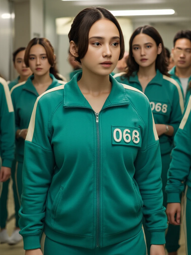 A young woman, black hair, She wears a green sports jacket with white stripes on the sleeves and has a green embroidered box number. Green track pants. The sports shirt has a zipper on the long part and two pockets on the side. Clothes like in the squid game movie. Has a serious expression on her face and looks directly at the camera. She poses walking, the background of the hallway with three long lights on the ceiling illuminates. And there are ten people with the same clothes walking behind. Cinematic