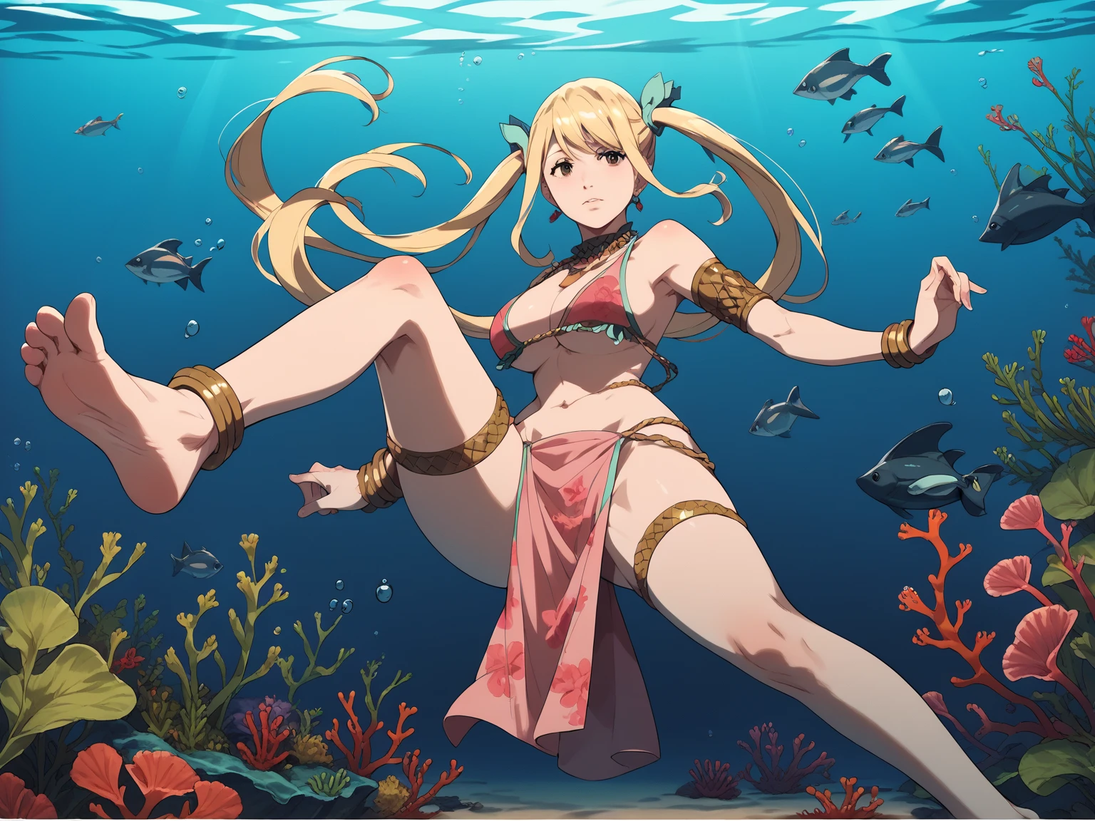 score_9, score_8_up, score_7_up, score_6_up, 1girl, adult woman, mature female, Lucy Heartfilia Dancer, blonde hair, long pigtails, hair ribbon, pink bikini top, pink pelvic curtain, blue floral pattern, anklets, bracelets, necklace, barefoot, soles, underwater, under the sea