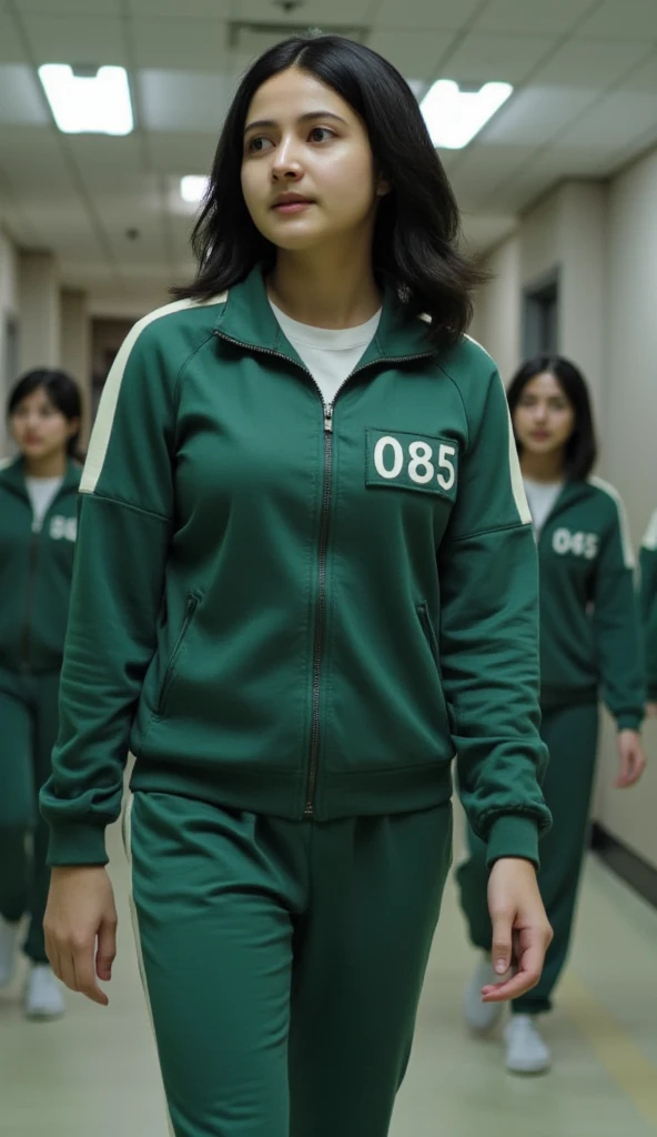 A young woman, black hair, She wears a green sports jacket with white stripes on the sleeves and has a green embroidered box number. Green track pants. The sports shirt has a zipper on the long part and two pockets on the side. Clothes like in the squid game movie. Has a serious expression on her face and looks directly at the camera. She poses walking, the background of the hallway with three long lights on the ceiling illuminates. And there are ten people with the same clothes walking behind. Cinematic