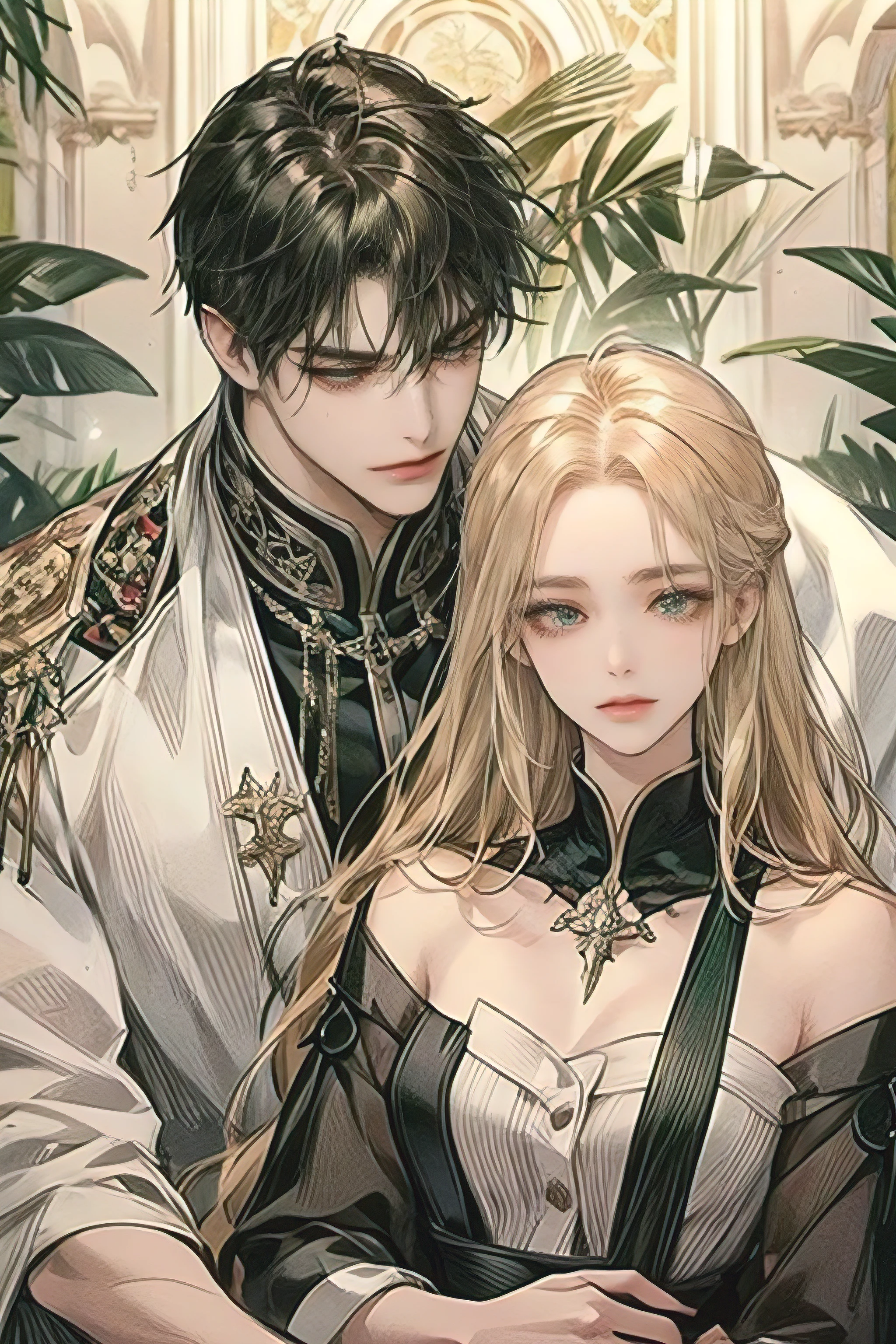 2 men and women,The woman has blond hair, A man is grabbing a woman's hair , hair The man has black hair, Women have long hair , Men have short hair , 남자는 Red eyed 입니다, 여자는 GREEN EYES 입니다, One is a man dressed in black:Red eyed , One is a long-haired woman: GREEN EYES , Exactly similar, casual style, Clergy clothing, Auburn hair, sharp impression , less physical exposure , masterpiece, High quality