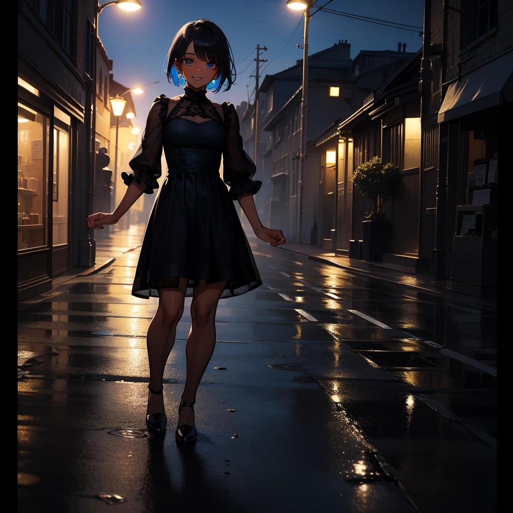 (realistic masterpiece photography depicting closeup) of an alluring ravishing indian plump supermodel Ayesha Takia posing on a wet city lane on a rainy day, (wearing off-shoulder flared cynched dress & stillettos:1.4),  navel, (perfect wet brown short  hair with flower:1.4), wet glistening skin, vivacious, lustful glance, exhilarated, (reflections on street:1.2) (beautiful intricate expressive eyes:1.1) , (passionate smile:1.4) intense dramatic lighting, falling flower petals, backlit, light rays, (ultra sharp image highly detailed:1.1), trending on artstation, paint splashes, rich colour, busy tree lined treet, (perfect long wavy hairstyles), abstract portrait, by Atey Ghailan