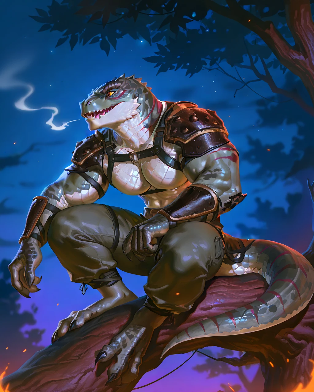 Muscular monster lizardfolk, solo, pants, mercenary, blue tongued skink lizardfolk, gray body, strong, 1male solo, anthro, bara, muscular, open mouth, small waist, thick tail, thick scales on the shoulders, marked jaw, big pecs, pants, full body, comicbook style, sitting on a tree, night time, best quality, 4k, ultra-detailed, by laobai, by taran fiddler, by honovy, by null-ghost, by thebigslick