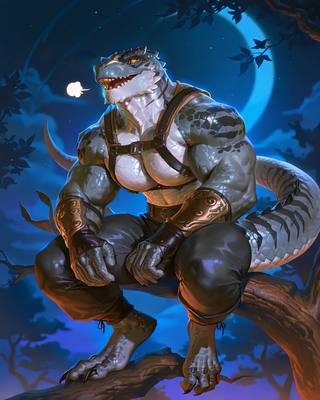 Muscular monster lizardfolk, solo, pants, mercenary, blue tongued skink lizardfolk, gray body, strong, 1male solo, anthro, bara, muscular, open mouth, small waist, thick tail, thick scales on the shoulders, marked jaw, big pecs, pants, full body, comicbook style, sitting on a tree, night time, best quality, 4k, ultra-detailed, by laobai, by taran fiddler, by honovy, by null-ghost, by thebigslick