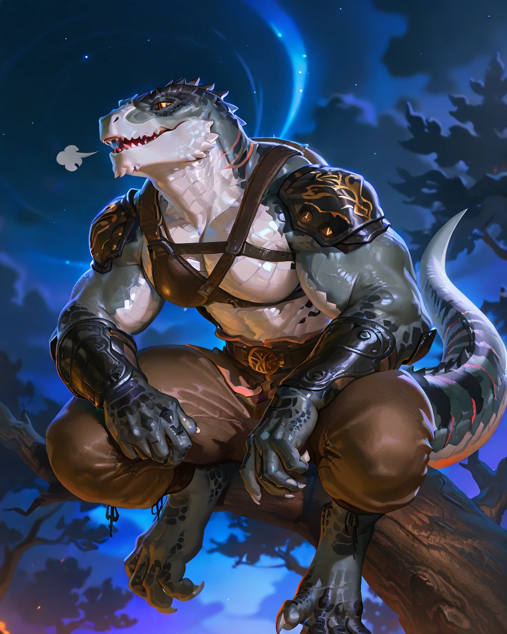 Muscular monster lizardfolk, solo, pants, mercenary, blue tongued skink lizardfolk, gray body, strong, 1male solo, anthro, bara, muscular, open mouth, small waist, thick tail, thick scales on the shoulders, marked jaw, big pecs, pants, full body, comicbook style, sitting on a tree, night time, best quality, 4k, ultra-detailed, by laobai, by taran fiddler, by honovy, by null-ghost, by thebigslick