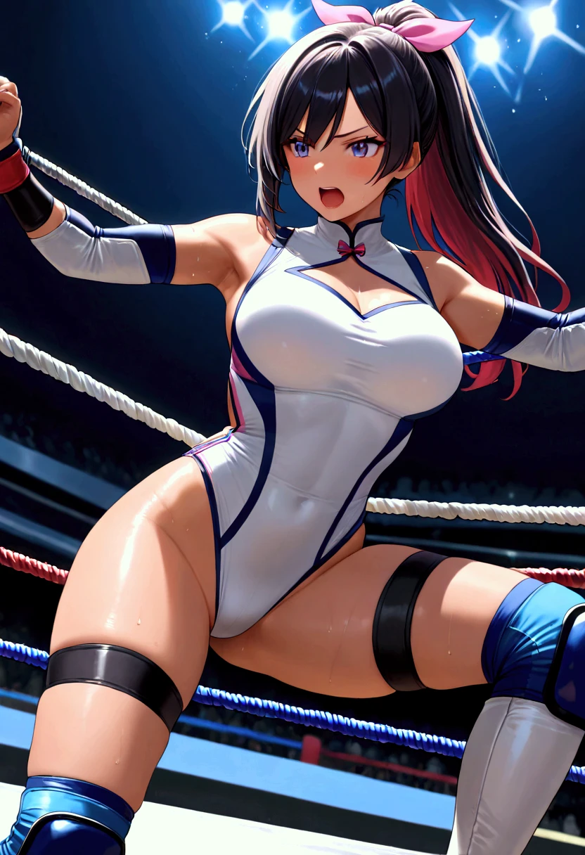 ((((masterpiece)))), (( unity 8k wallpaper,  Photorealistic , ((  detailed face  )),  Female Pro Wrestler with Floating Legs,Umezaki Haruka  ,Rin々Funny face, fighting pose at Tobitashinchi, Osaka, Ponytail,ribbon, pure white leotard ,Elbow guard,  leg protector  ,  There are 3 ropes stretched on all sides of pro wrestling,Fall off the top rope, crotch falls over the top rope,Glide the rope in your crotch , your crotch burns due to friction with the rope , There are 3 ropes stretched on all sides of pro wrestling