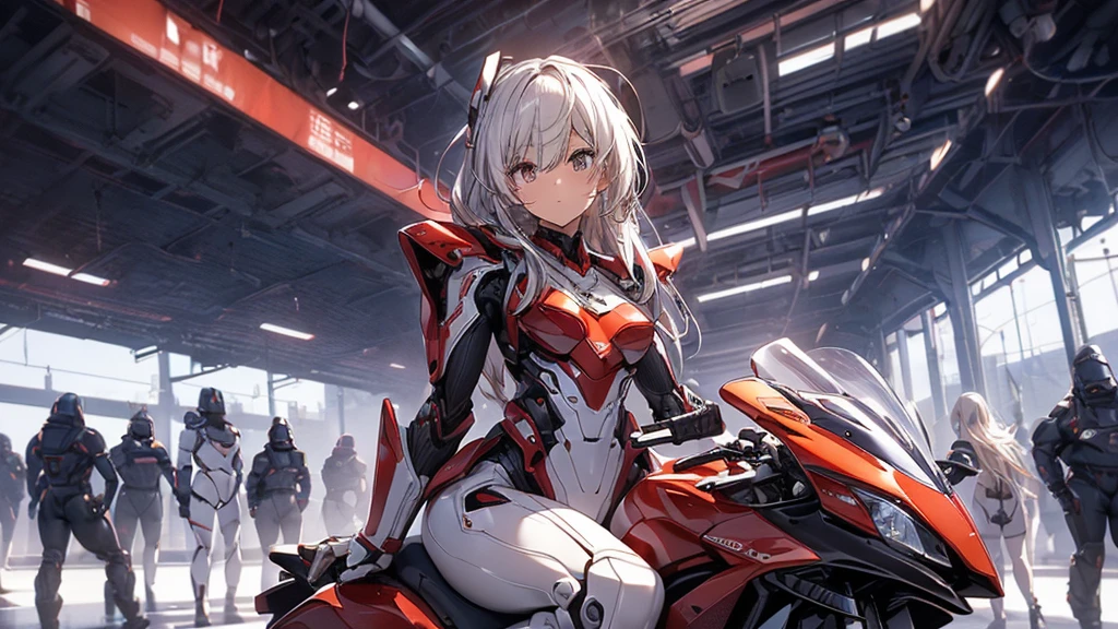 (( top quality 、 excitement 、 complete anatomy、Five fingers、Full Arms、 Details)),woman,(((日本人woman、 Look Down、Alone, slightly brownish white hair、Hair that goes up to the shoulders 、red streaked hair,robot、robot suit,big lobot behind girl, cockpit、bent over,fire works,Installation、 size large clothes、Dressing、 undress, emphasizes body lines 、open legs,)))