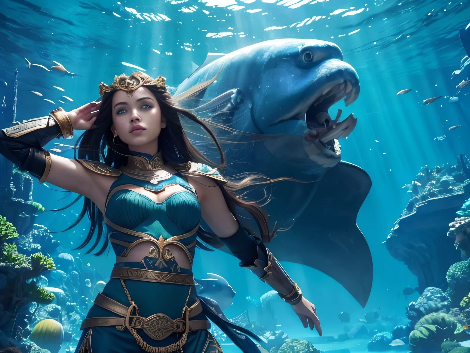 Fantastic Island,Ruins of an ancient civilization,Flying Ship,Flying Whale,flying fairy,(Highest quality,Extremely detailed depiction,Incredible high resolution,Anatomically accurate depiction,Nice hands, Perfect Fingers,Curvy Legs),(Glowing Skin,Glowing Skin),A fantastic goddess in a gorgeous outfit,There is cleavage in the chest,Glossy Lips,Sweat,Young and beautiful woman,background:A mysterious sight,Fantasy