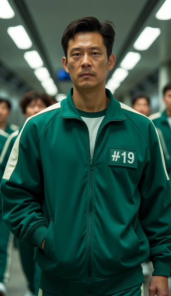 A 40-year-old man,short hair black, He is wearing a green sports jacket with white stripes on the sleeves and there is a green box embroidered with the number "1" in white on the side. Green track pants. The sports shirt has a zipper on the long part and two pockets on the side. clothes like in the squid game movie. has a serious expression on his face and looks directly at the camera. he poses walking, the background of the hallway with three long lights on the roof illuminates. and there are ten people with the same clothes walking behind. cinematic