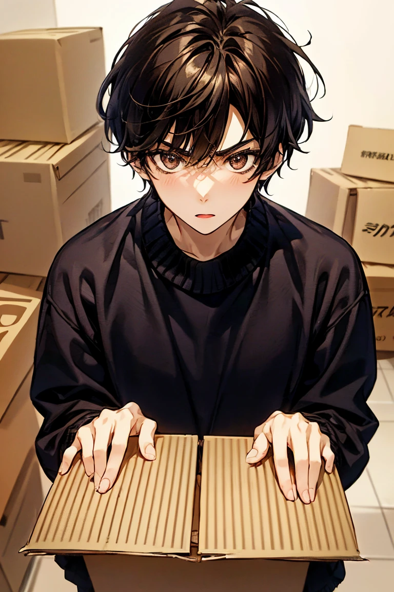 An 18-year-old girl with dark hair with a serious expression 、 in her apartment building is surrounded by lots of cardboard boxes、Trying to carry a cardboard box 、22-year-old boy with dark hair wearing a long-sleeved sweater 、The display size of the person is 20 on the screen %About 