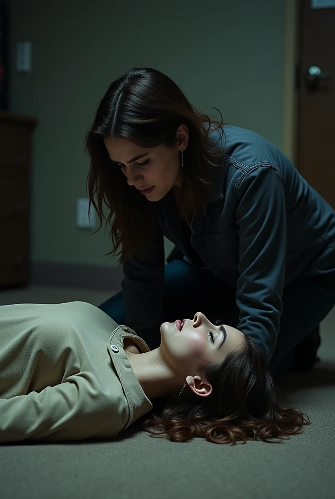 Create a photo of a 30 year old woman, with a slender and beautiful body, wearing a white tank top and gray sweatpants, with white and clear skin, with long light brown hair, scared as she is being brutally dragged across the floor by her hair by a teenage boy with dark black skin, homely, Scrawny, mic, who is wearing prescription glasses and wearing white shirts and jeans