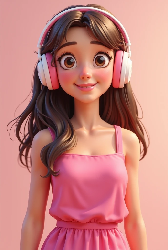 My friend is . She is kind. She is a girl with brown hair or blonde locks and is long and she is wearing a bright pink dress with pink headphones 