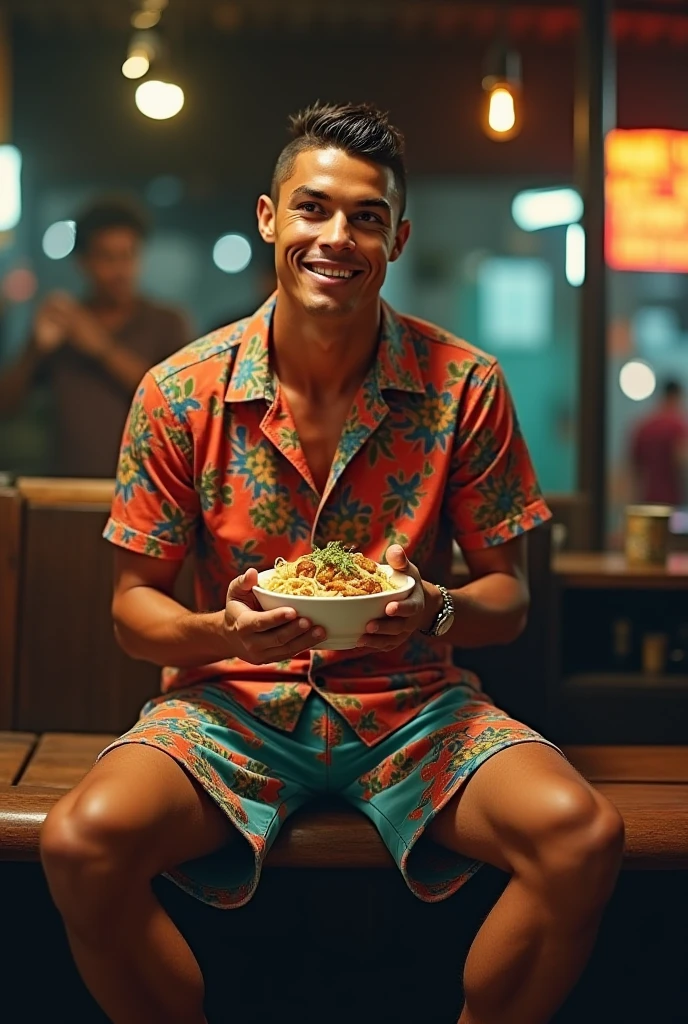 ((cheerful ((tanned and athletic ((Haitian)) man)) sitting poolside looking at sunrise while peeling a mango, (wearing detailed swimming trunks), (wearing expensive shining watch), (fruit and flower tattoos on arms and legs), high quality photo, sitting quietly poolside (with potted cannabis sativa plants and potted poppy flowers surrounding pool during foggy sunrise)