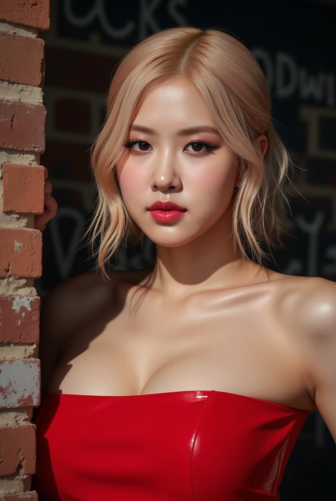 Realistic (photorealistic Realism), (high resolution), ((intricately detailed digital art)), professional photography, ((portrait a [Rosé from blackpink]:1.4)), (ultra realistic texture details: velvety skin, hair), ((sharp focus, no blurry, high resolution, absurd quality, Realistic brown_eyes:1.4), intricately detailed:1.3), ((extremely fine details eyes)), ((extra narrow eyebrows)), (Carefully draw Long eyelashes), (perfect round eyes:1.3), (finely detailed pupils:1.3), ((extremely fine details pupils:1.3)), ((extremely fine details iris of the eyes:1.3)), (Shining, mesmerizing, Vibrant eyes:1.2), (professional makeup:1.4), ((perfect eyeshadows:1.4)), detailed lips:1.3, (apply glossy red_lipstick:1.34), (pink_makeup:1.3), (beautiful little nose), (perfect proportions:1.2),(small head),(anatomically correct), perfect female body, ((firm and full breasts:1.4)), (Super beautiful), (vivid and colorful), The attention to detail, focus of girl, dynamic pose, sexy and seductive, flirty smile, dslr, high quality split lighting, sharp focus captured by Fujifilm XT3, f 5.6, in a dramatic lighting, (perfect composition), (short hair, golden hair, curls at the ends of the hair, hair above one eye,(short blonde, combed to the side)), choker, ((Brick wall, Graffiti)), (Outside the shoulder, (tight, close-fitting red latex top)), exquisite balance of shadows, look at the viewer,