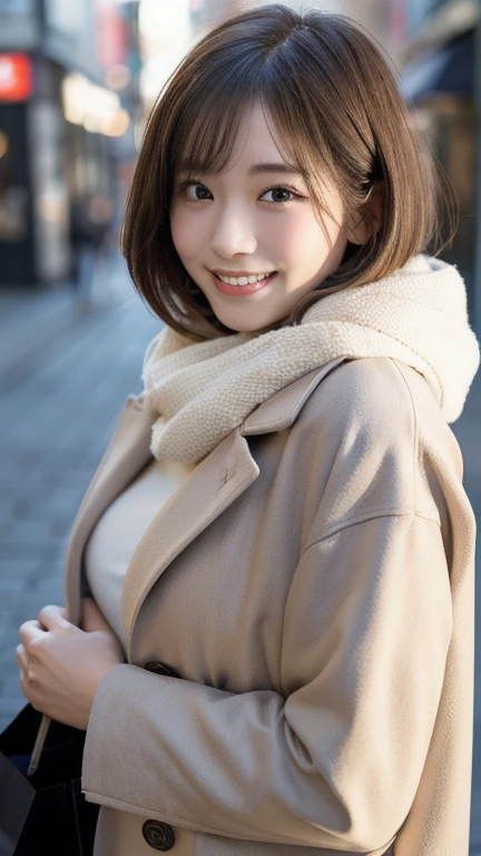 highest quality, masterpiece, ultra high resolution, (realistic:1.4), Raw photo, 18-year-old girl, Short hair and bob cut, (big round eyes), (Laughing), very beautiful lips, very beautiful skin, very beautiful long eyelashes, slender body, boobs, Shopping in Ginza , Winter outfit,Muffler on coat, The front of the coat is open, Daytime sunlight,  background is blurry 