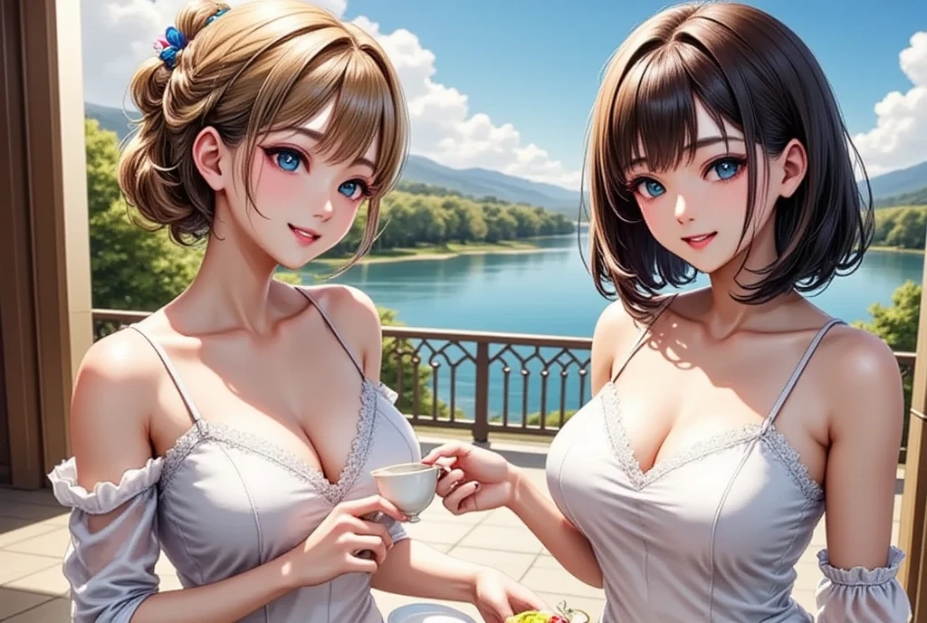 (masterpiece,  top quality :1.2),  2 Girls, Blonde"European Princess" and the Guest: Black Haired Beauty "Haruna" , The Noble Tea Party  ,  Lake Side Seen from Balcony ,  Anime Digital Art Style 