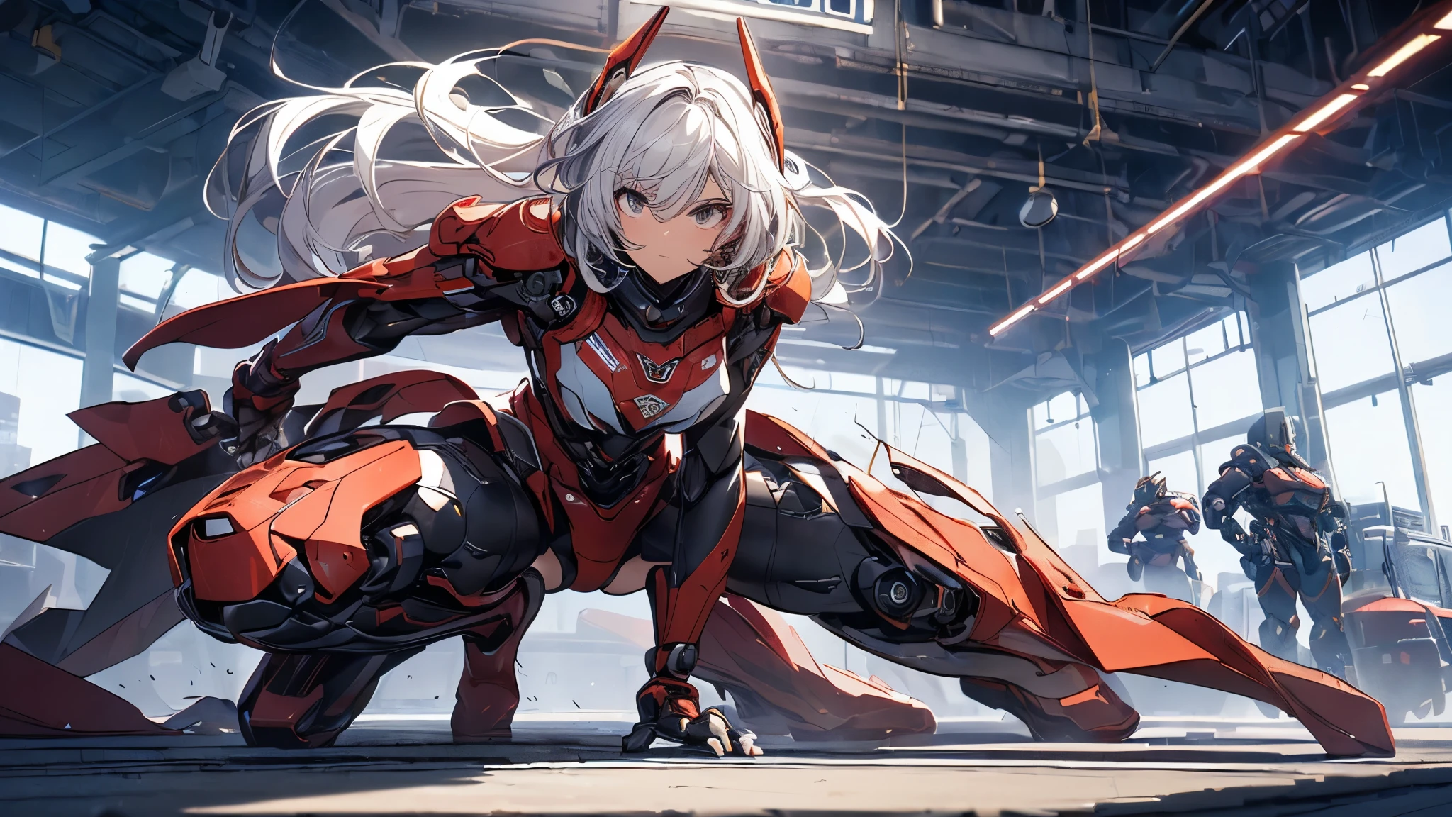 (( top quality 、 excitement 、 complete anatomy、Five fingers、Full Arms、 Details)),woman,(((日本人woman、 Look Down、Alone, slightly brownish white hair、Hair that goes up to the shoulders 、red streaked hair,robot、robot suit,big lobot behind girl, cockpit、bent over,Installation、 size large clothes、Dressing、 undress, emphasizes body lines 、open legs,)))