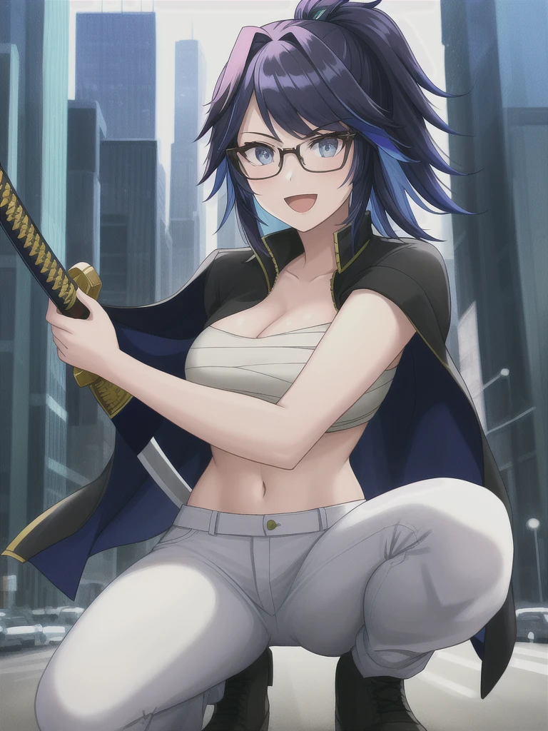 2d, masterpiece, best quality, anime, highly detailed eyes, highly detailed face, perfect lighting, cowboy shot, 1 girl, solo, squatting, smile, happy, open mouth, city background, cityscape, highly detailed background, (kson:1.2), blue eyes, glasses, jacket, sarashi, navel, white pants, katana, holding katana, holding weapon <lora:hll3.1:1>>