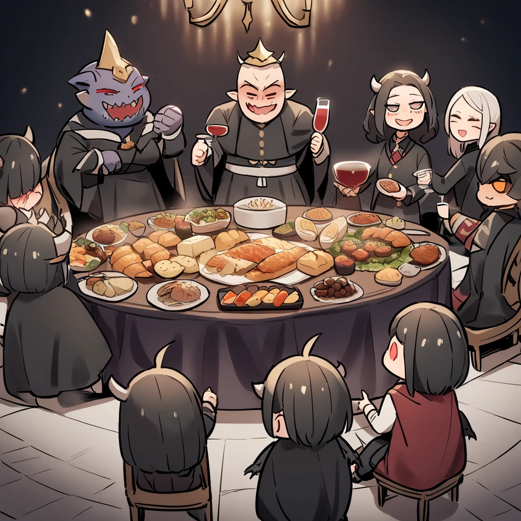 dark fantasy,(The Devil's Dinner Party hosted by the Demon King ),( sits on a chair around a round table where lavish food and alcohol are prepared),( the demon king is smiling and holding a glass, but 　On the other side 々 everyone stretches their backs and has a nervous expression),