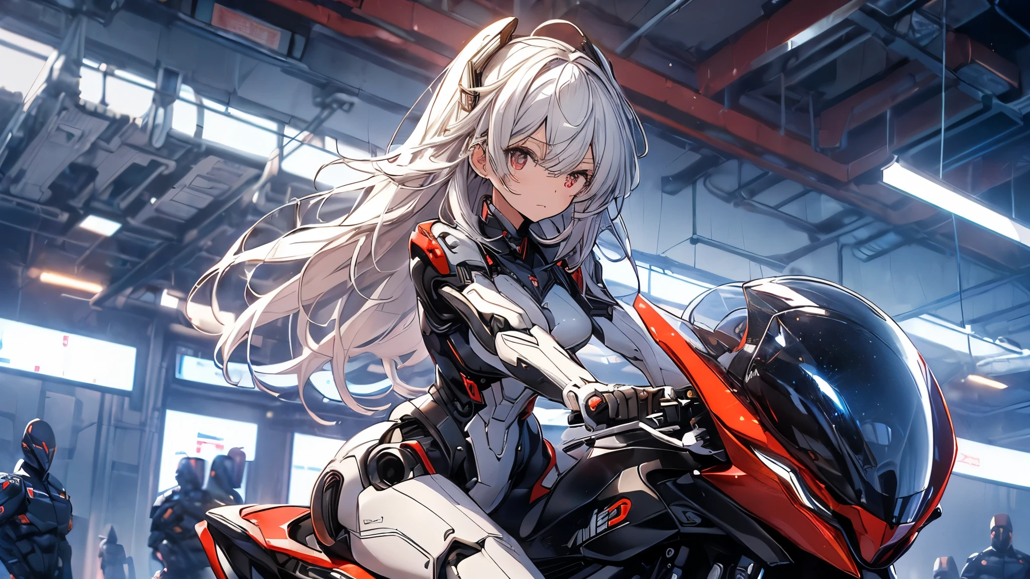 (( top quality 、 excitement 、 complete anatomy、Five fingers、Full Arms、 Details)),woman,(((日本人woman、 Look Down、Alone, slightly brownish white hair、Hair that goes up to the shoulders 、red streaked hair,robot、robot suit,big lobot behind girl, cockpit、bent over,dressing, size large clothes、Dressing、 undress, emphasizes body lines 、open legs,)))