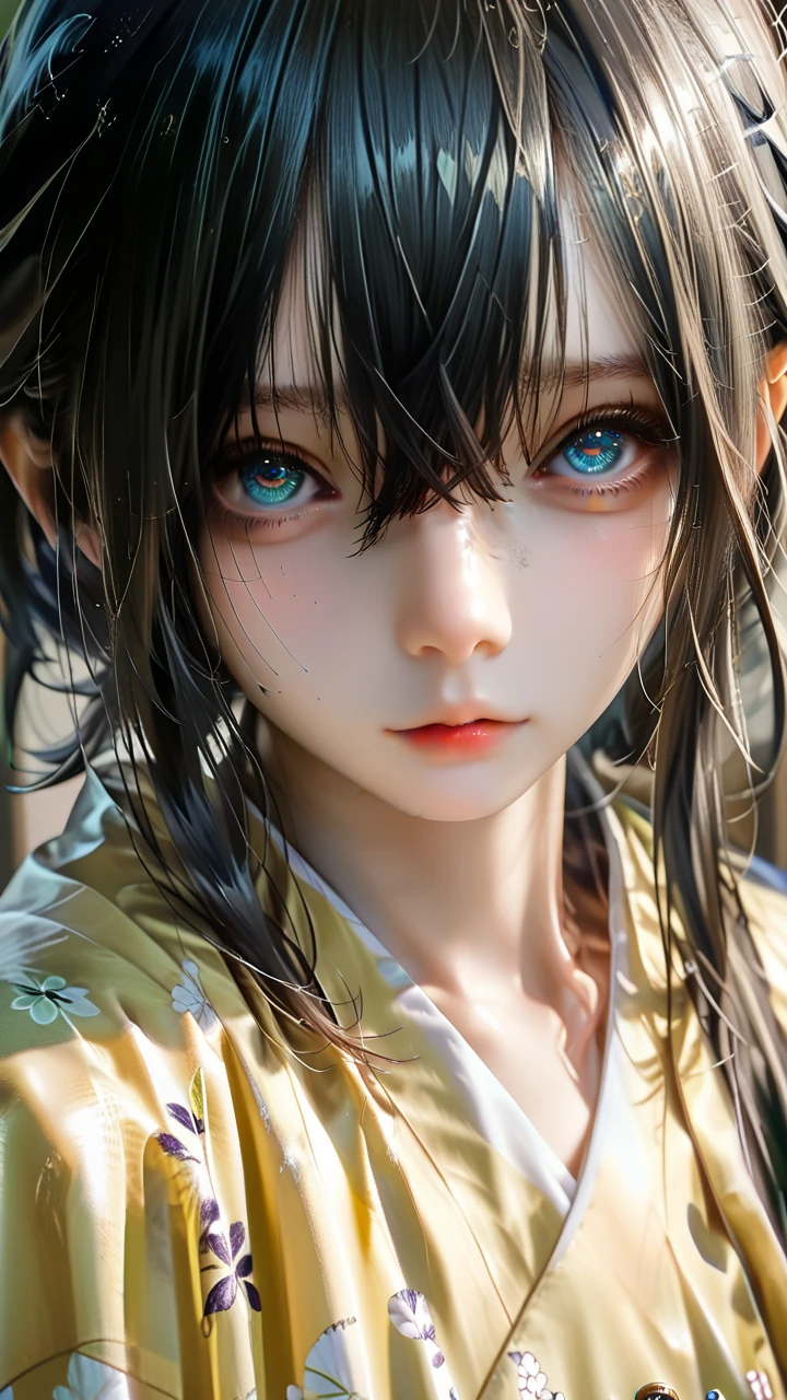 score_9,score_8_up,score_7_up,PVC figure,1girl,(small face:1.2),(Tiny eyes:1.3),look at Viewer,black hair,hair over eyes,long bangs,kimono,Japanese house,tatami mats,voyeurism,female focus,