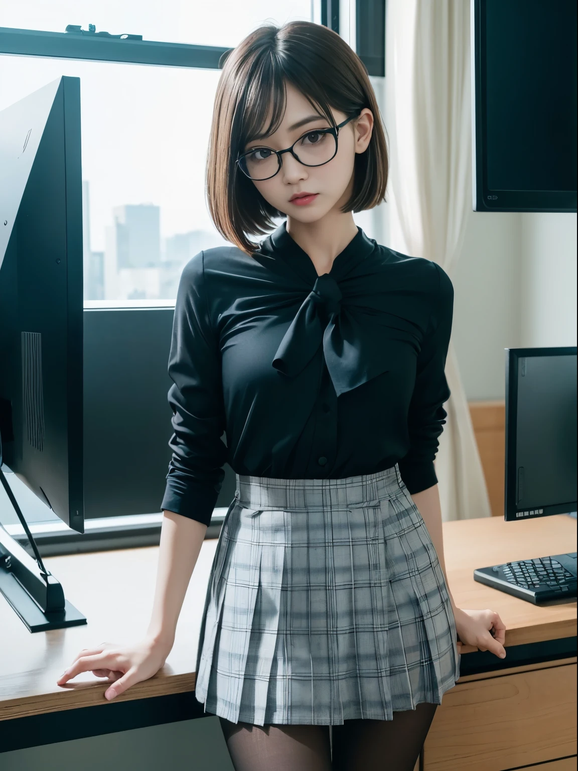 Alone, Solo,(8K, RAW Photo, Best Quality, Masterpiece:1.2),Office Lady,,Erotic,Short Hair,Glasses,Chinese Woman,Standing,Tight Eyes,Thin,Crunchy,Angry,Small,Flat Breasts (Realistic, Photorealistic:1.37), Best Quality, Ultra High Resolution, Photon Mapping, Radiosity, Physically Based Rendering, Blur, Foreground, Depth of FieldBlurry background, photo_\(medium), motion blur, girl, (full) body), long legs, slender legs, medium hair, bangs, (bangs visible), hair_ornament, lips, blue_eyes, nosesoft, china, light blue shirt, navy blue and blue and white plaid pleated skirt, sheer clothing, black loafers, thigh, black cotton socks,