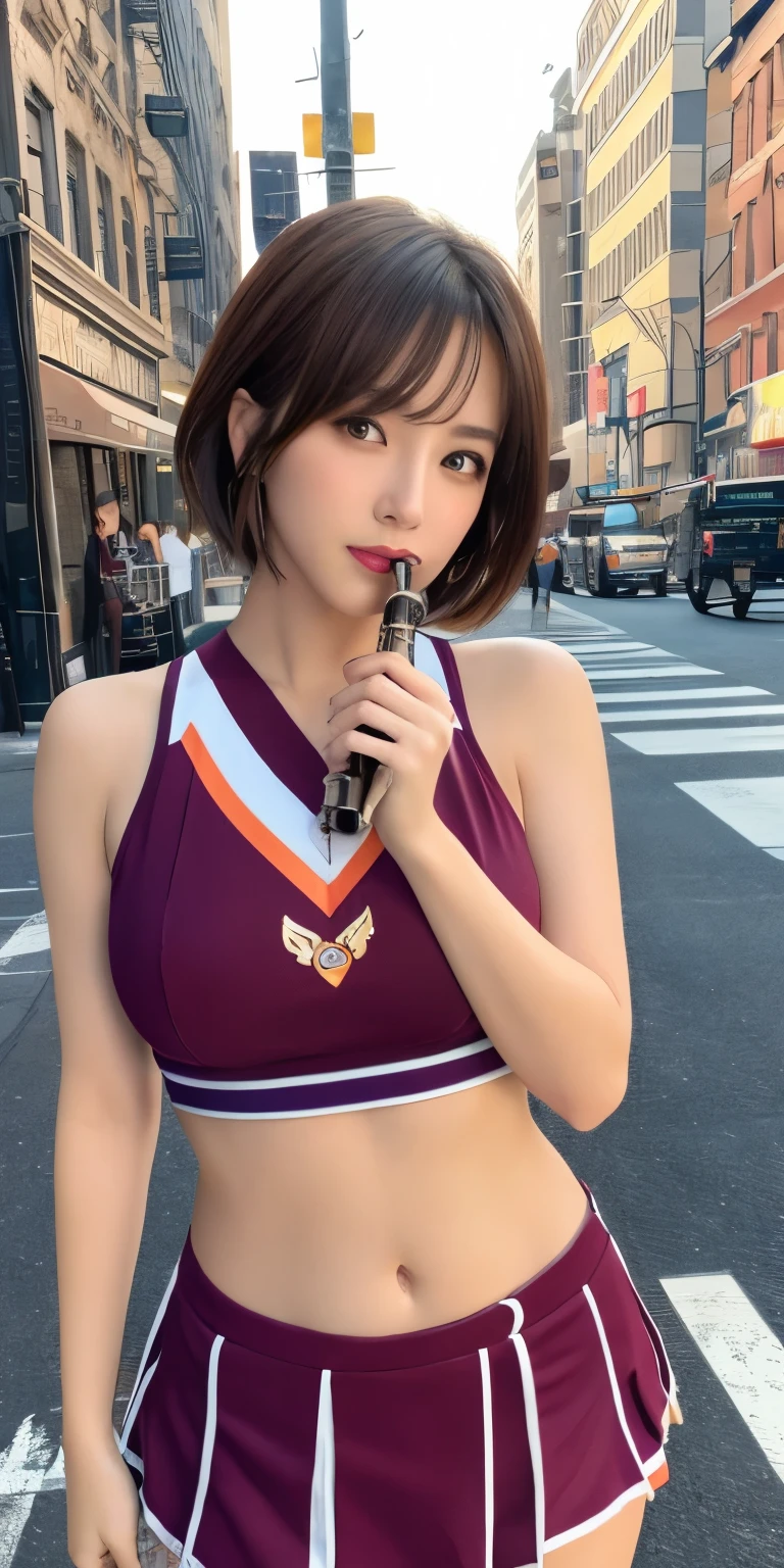 masterpiece、 top quality 、 high res、 table top、 wallpaper、 realistic、 bright lighting on the streets of New York、 PROFESSIONAL LIGHTING 、 face light 、 smooth lighting 、 Japanese woman、adult、 beautiful women、 action、gravure、 sexy、poor、super beautiful、 Beautiful skin、 beautifully detailed eyes、 detailed face 、 slim、Moderate、 short hair、 brown hair、 brown eyes、 look at the camera、 I have a saxophone、Big Breasted 、 clevis on a stone、 Cheerleader Outfit 、 、belly button
