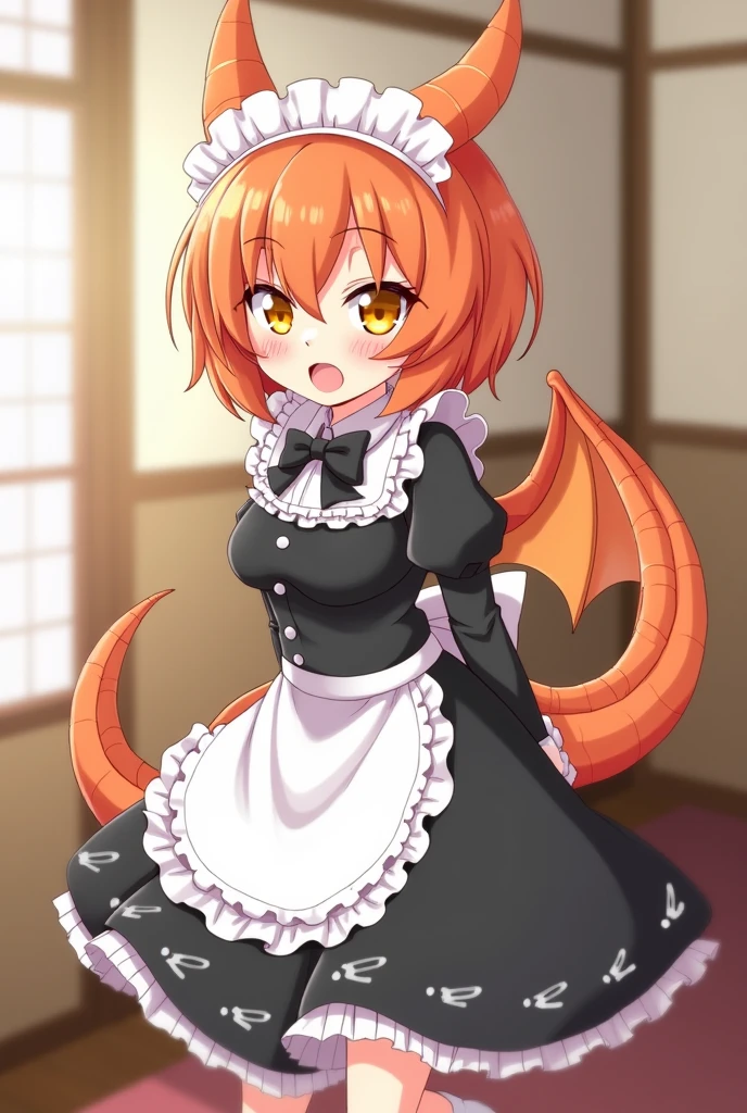 (8k, RAW photos, top quality, masterpiece: 1.2), (High Quality), ray tracing, HDR, (High Details), (Face detail), (Shadow Detail), well lit, bright room, 1girl, solo, zentreya, 3d, 3d render, minecraft woman, large breasts, dragon wings, dragon horns, dragon tail, yellow eyes, red hair, sleeveless, maid outfit, thick thighs, cleavage,