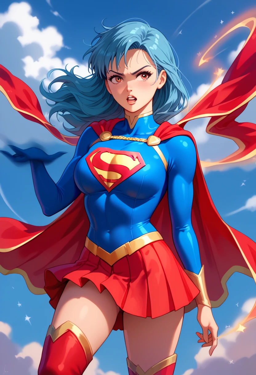 Chihaya Kisaragi, known for her serious demeanor and long, sleek dark blue hair, exudes a heroic and confident presence in the classic Supergirl costume. The bright blue top with the bold red and yellow 'S' emblem on her chest contrasts strikingly with her cool, composed aura. A flowing red cape adds a dynamic touch, billowing elegantly from her shoulders as she stands tall. The ensemble is completed with a red skirt and matching knee-high boots, emphasizing her slim yet strong figure. Chihaya's typically focused and driven expression now carries an extra layer of determination, perfectly merging her disciplined nature with the empowered essence of Supergirl. This transformation highlights her inner strength, courage, and unwavering dedication, making her both a graceful and formidable heroine.