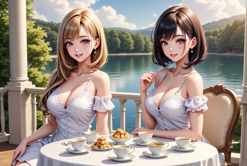 (masterpiece,  top quality :1.2),  2 Girls, Blonde long hair"European Princess"and the guest, the dark-haired semi-long beauty "Haruna" , The Noble Tea Party  ,  lakeside seen from the balcony , Anime digital art style