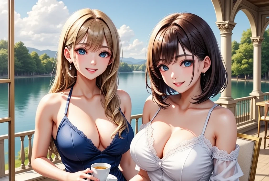 (masterpiece,  top quality :1.2),  2 Girls, Blonde long hair"European Princess"and the guest, the dark-haired semi-long beauty "Haruna" , The Noble Tea Party  ,  lakeside seen from the balcony , Anime digital art style