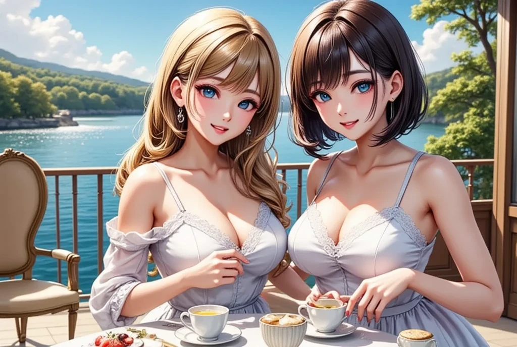 (masterpiece,  top quality :1.2),  2 Girls, Blonde long hair"European Princess"and the guest, the dark-haired semi-long beauty "Haruna" , The Noble Tea Party  ,  lakeside seen from the balcony , Anime digital art style