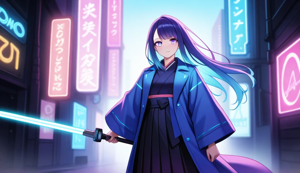 Create a detailed anime character with a dynamic and unique design. The character is a young adult, around 20 years old, with vibrant, shoulder-length hair in a gradient of electric blue and purple. Their eyes are a striking shade of silver, glowing slightly to add an ethereal look. They wear a futuristic outfit that blends elements of cyberpunk and traditional Japanese fashion, featuring sleek armor pieces, a long flowing coat, and intricate patterns along the sleeves. The character has a confident expression, standing with a strong posture, and holding a glowing weapon, like a sword or staff, with digital motifs floating around them. The background is a cityscape with neon lights and a dusk sky, enhancing the futuristic vibe of the character.