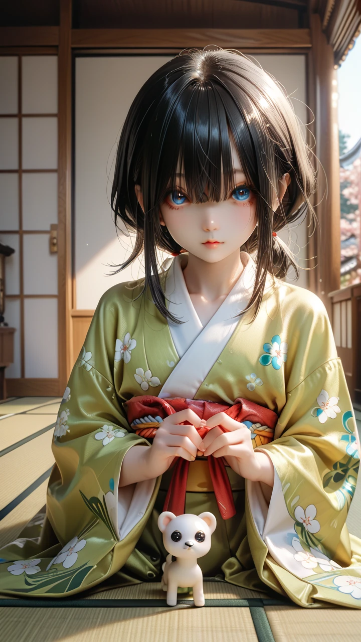 score_9,score_8_up,score_7_up,PVC figure,1girl,(small face:1.2),(Tiny eyes:1.3),look at Viewer,black hair,hair over eyes,long bangs,kimono,Japanese house,tatami mats,voyeurism,female focus,