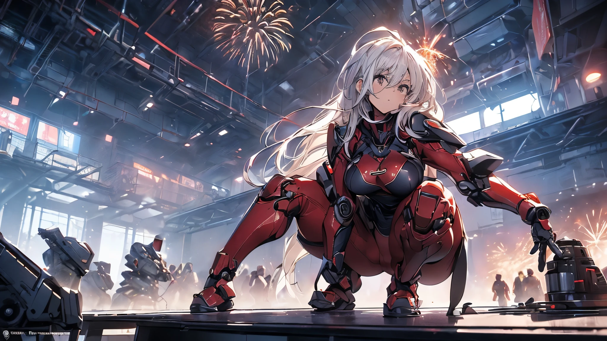 (( top quality 、 excitement 、 complete anatomy、Five fingers、Full Arms、 Details)),woman,(((日本人woman、 Look Down、Alone, slightly brownish white hair、Hair that goes up to the shoulders 、red streaked hair,robot、robot suit,big lobot behind girl, cockpit、bent over,fire works,Installation、 size large clothes、Dressing、 undress, emphasizes body lines 、open legs,)))