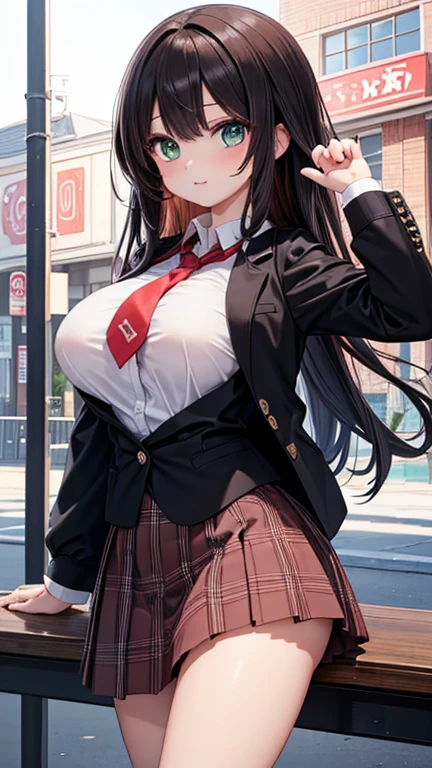 1个Giant Breast Girl, ((eBlue eyes)), alluring face, ((Zhao Lusi)), Bigboobs, (Best quality at best, 8K, tmasterpiece: 1.3)) ) , Clear focus: 1.2, perfect body beautiful : 1.4, Slim abs: 1.2, Get wet: 1.5, Highly Detailed Face and Skin Textur, A detailed eye, 二重まぶた, long_brown hair, legs long, Blazer uniform_Brown, School shirts, tartan_a skirt, tiese_Black, thigh high_Covered with_stocklings, are standing, japanese neighborhood