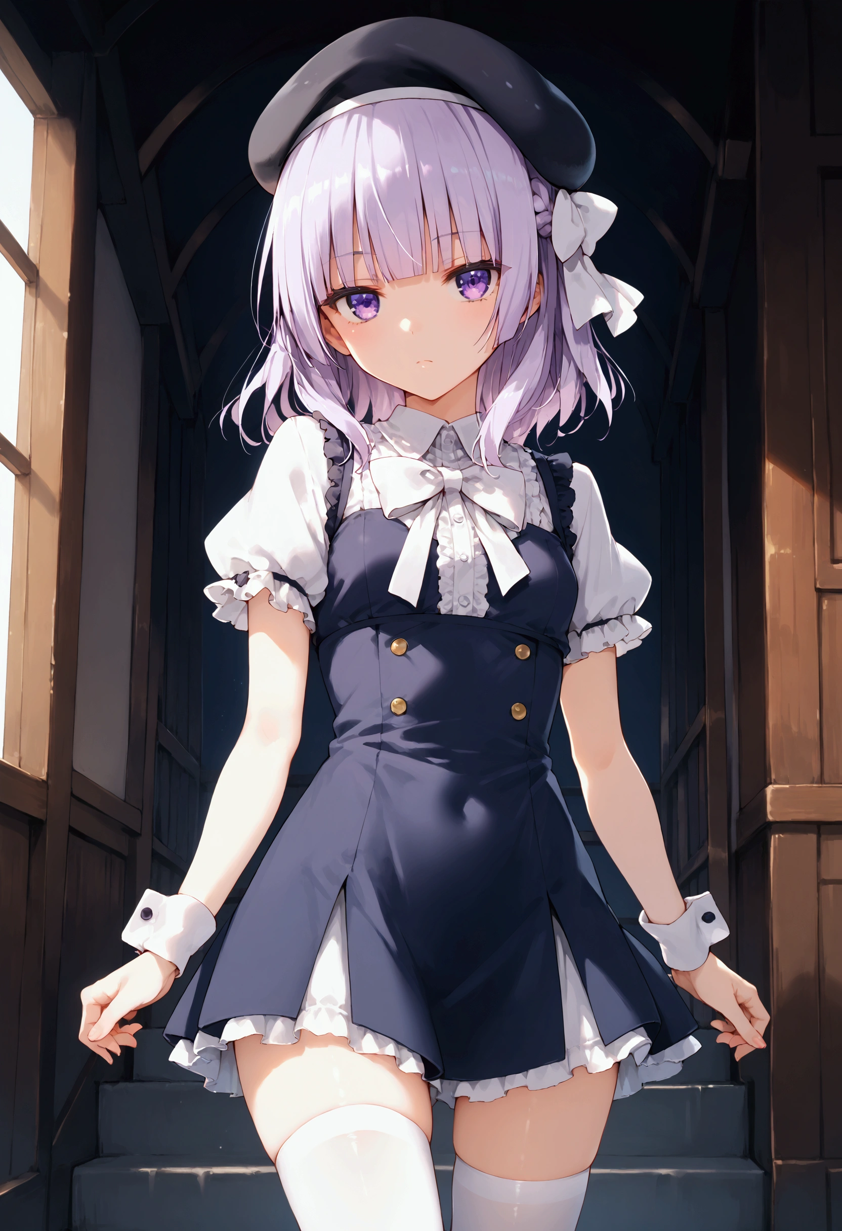 score_9,score_8_up,score_7_up,source_anime,high res image,shiny hair,1girl,solo,Sakayanagi Arisu,beret,small breasts,medium hair,light purple hair,braid,hair bow,white bow,hair ribbon,white ribbon,sidelocks,blunt bangs,purple eyes, small breasts, standing, straight-on, thigh gap, thighhighs, underwear, white thighhighs, wrist cuffs,