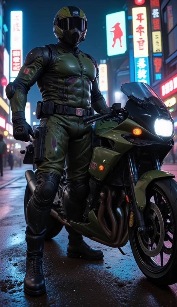 A full-body image of a muscular adult male dressed in military tactical gear, wearing a camouflage leather full-body suit, camouflage mask and camouflage Racing Boots. The sleek leather outfit provides full coverage, exuding a dark and intense atmosphere. The scene is illuminated by low light, casting dramatic shadows that enhance the mysterious and powerful presence. He stands beside a heavy-duty military camouflage 1000cc Sportbike , ready for action, in a futuristic cyberpunk city street filled with neon lights and advanced technology. The composition emphasizes his commanding stance and the tactical precision of his gear, blending a sleek, futuristic aesthetic with a gritty, law enforcement vibe.,future army,Racing Helmet,army green camouflage.snow.Christmas