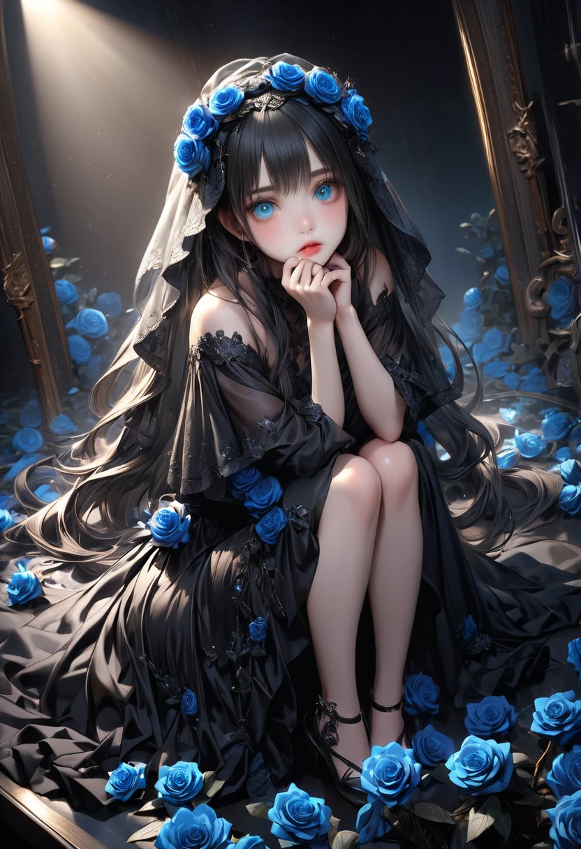 full-body view, dramatic angle, beautiful detailed eyes, beautiful detailed lips, extremely detailed eyes and face, longeyelashes, beautiful and cute young girl, a princess of the underworld, a gloomy expression, a downcast face, looking up, hand on mouth, white and black gradation hair, through bangs, flowing hair, a black race sheer veil adorned with black roses, an exquisitely beautiful black dress adorned with black roses, a gloomy underworld background, (highest quality,16k,highres,masterpiece:1.2),ultra-detailed,(ultra-realistic,photo-realistic:1.37),HDR,UHD,studio lighting,ultra-fine painting,sharp focus,physically-based rendering,extreme detail description,professional,vivid colors,dark gothic,dramatic lighting,chiaroscuro,mysterious,melancholy,somber,surreal,fantasy